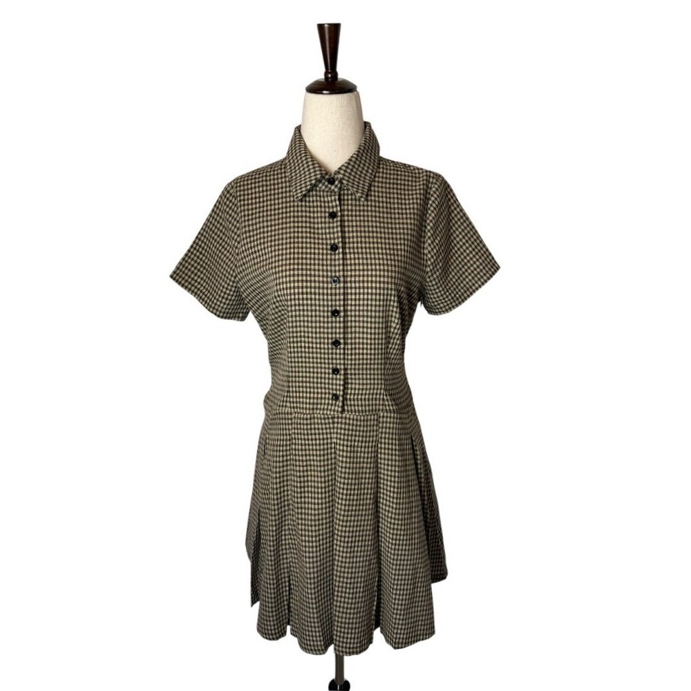 RIHOAS Pleated Mini Dress Women Small Brown Plaid Lapel Cotton NWT Button Front - Picture 2 of 12